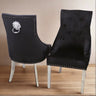 Modern-black-velvet-dining-chairs-chrome-legs-lion-knocker-quilted-back