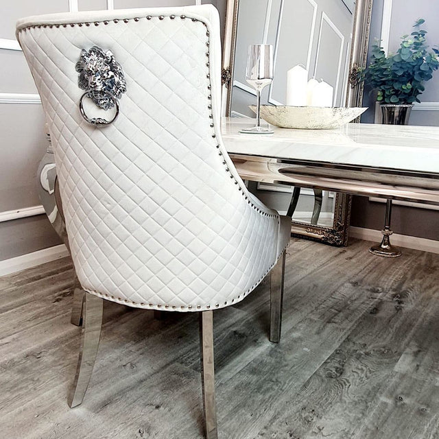 Modern-cream-velvet-dining-chairs-chrome-legs-lion-knocker-quilted-back