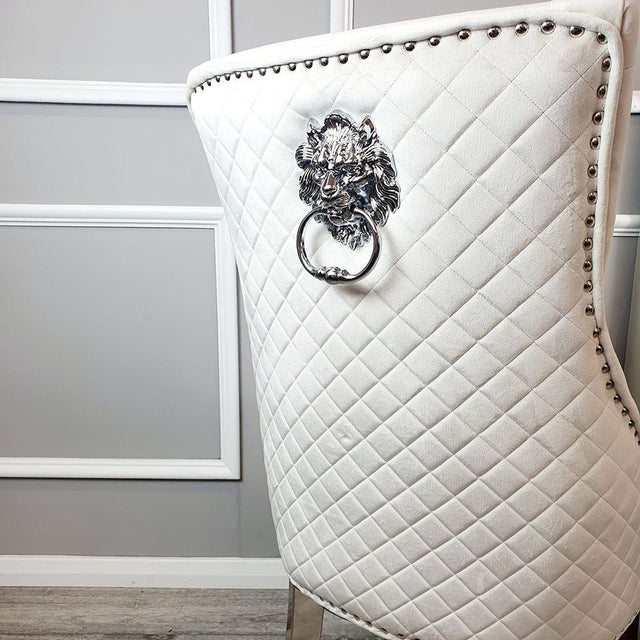 Modern-cream-velvet-dining-chairs-chrome-legs-lion-knocker-quilted-back