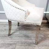 Modern-cream-velvet-dining-chairs-chrome-legs-lion-knocker-quilted-back