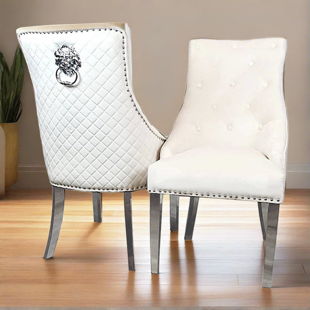 Modern-cream-velvet-dining-chairs-chrome-legs-lion-knocker-quilted-back