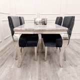 Modern-dark-grey-velvet-dining-chairs-chrome-legs-button-back