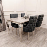 Modern-dark-grey-velvet-dining-chairs-chrome-legs-button-back