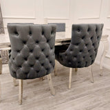 Modern-dark-grey-velvet-dining-chairs-chrome-legs-button-back