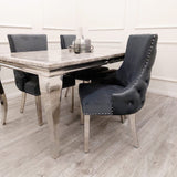 Modern-dark-grey-velvet-dining-chairs-chrome-legs-button-back