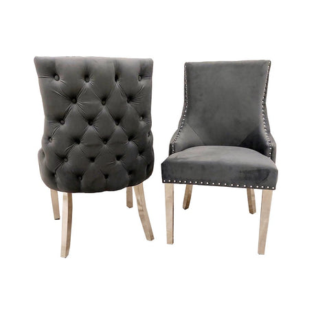 Modern-dark-grey-velvet-dining-chairs-chrome-legs-button-back