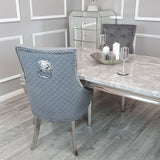 Modern-dark-grey-velvet-dining-chairs-chrome-legs-lion-knocker-quilted-back