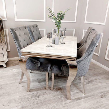 Modern-dark-grey-velvet-dining-chairs-chrome-legs-lion-knocker-quilted-back