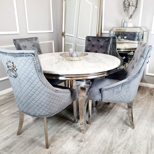 Modern-dark-grey-velvet-dining-chairs-chrome-legs-lion-knocker-quilted-back