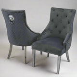 Modern-dark-grey-velvet-dining-chairs-chrome-legs-lion-knocker-quilted-back