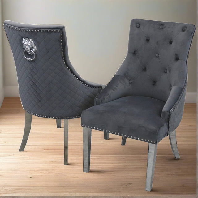 Modern-dark-grey-velvet-dining-chairs-chrome-legs-lion-knocker-quilted-back