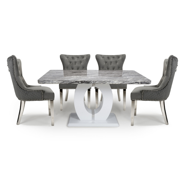 Modern-Rectangular-Grey-Marble-Dining-Table-&-Coffee-Table-Set-With-White-High-Gloss-Base