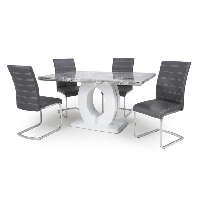 Modern-Rectangular-Grey-Marble-Dining-Table-&-Coffee-Table-Set-With-White-High-Gloss-Base