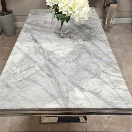 Modern-grey-marble-dining-table-with-chrome-stainless-steel-base-180cm