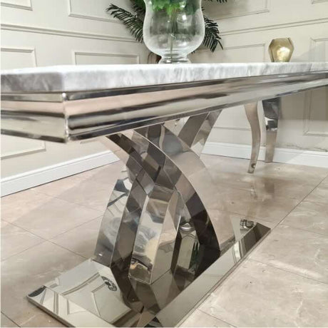 Modern-grey-marble-dining-table-with-chrome-stainless-steel-base-180cm