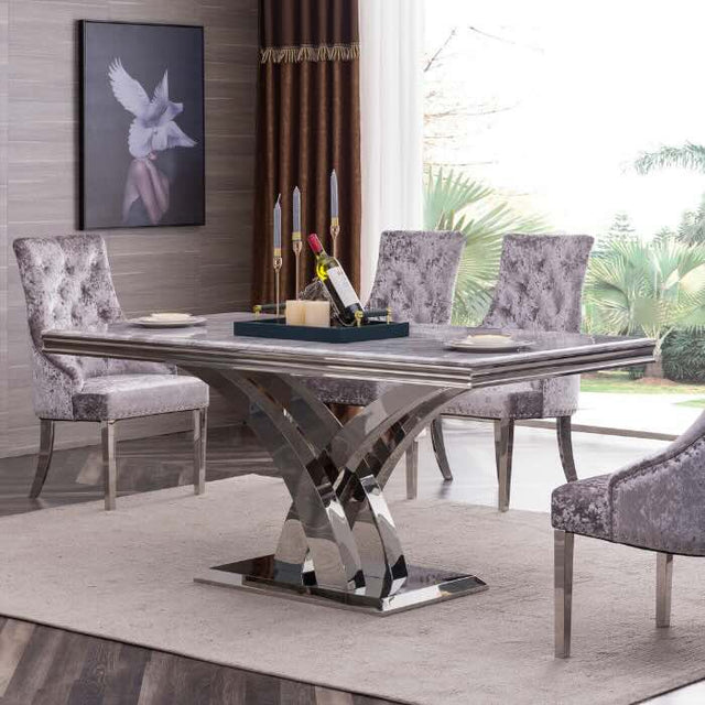 Modern-grey-marble-dining-table-with-chrome-stainless-steel-base-180cm