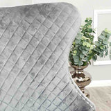 Modern-grey-velvet-lion-knocker-dining-chairs-chrome-legs-quilted-back