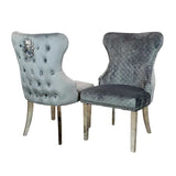 Modern-grey-velvet-lion-knocker-dining-chairs-chrome-legs-quilted-back