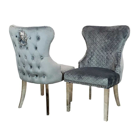 Modern-grey-velvet-lion-knocker-dining-chairs-chrome-legs-quilted-back