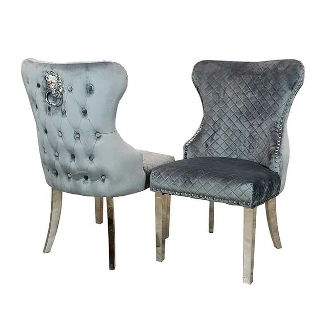 Modern-grey-velvet-lion-knocker-dining-chairs-chrome-legs-quilted-back