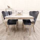 Modern-grey-velvet-lion-knocker-dining-chairs-chrome-legs-quilted-back