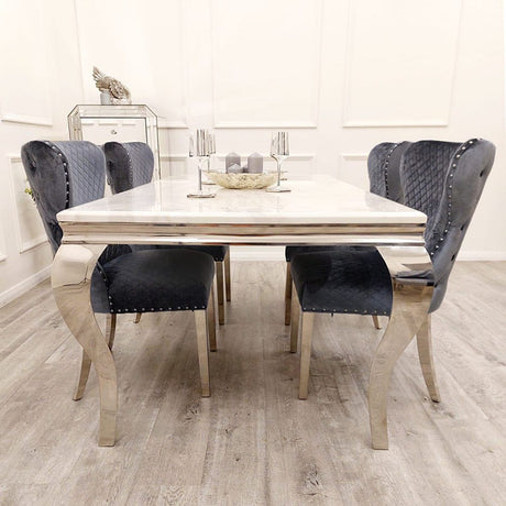 Modern-grey-velvet-lion-knocker-dining-chairs-chrome-legs-quilted-back