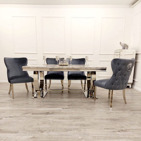 Modern-grey-velvet-lion-knocker-dining-chairs-chrome-legs-quilted-back