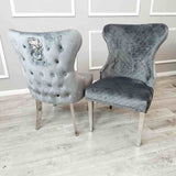 Modern-grey-velvet-lion-knocker-dining-chairs-chrome-legs-quilted-back