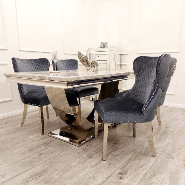 Modern-grey-velvet-lion-knocker-dining-chairs-chrome-legs-quilted-back