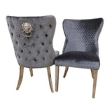 Modern-grey-velvet-lion-knocker-dining-chairs-chrome-legs-quilted-back