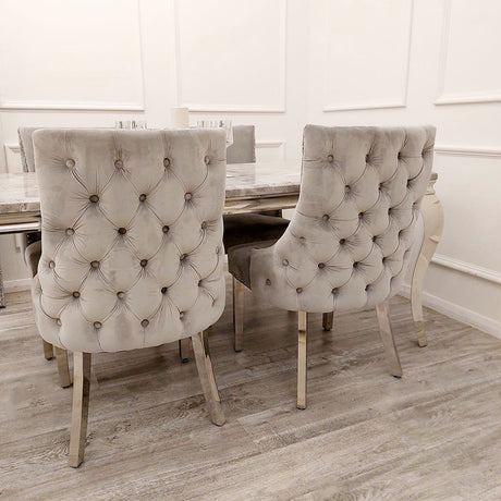 Modern-light-grey-velvet-dining-chairs-chrome-legs-button-back