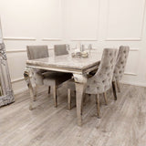 Modern-light-grey-velvet-dining-chairs-chrome-legs-button-back