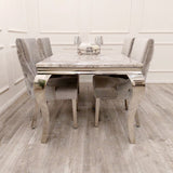 Modern-light-grey-velvet-dining-chairs-chrome-legs-button-back