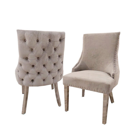 Modern-light-grey-velvet-dining-chairs-chrome-legs-button-back