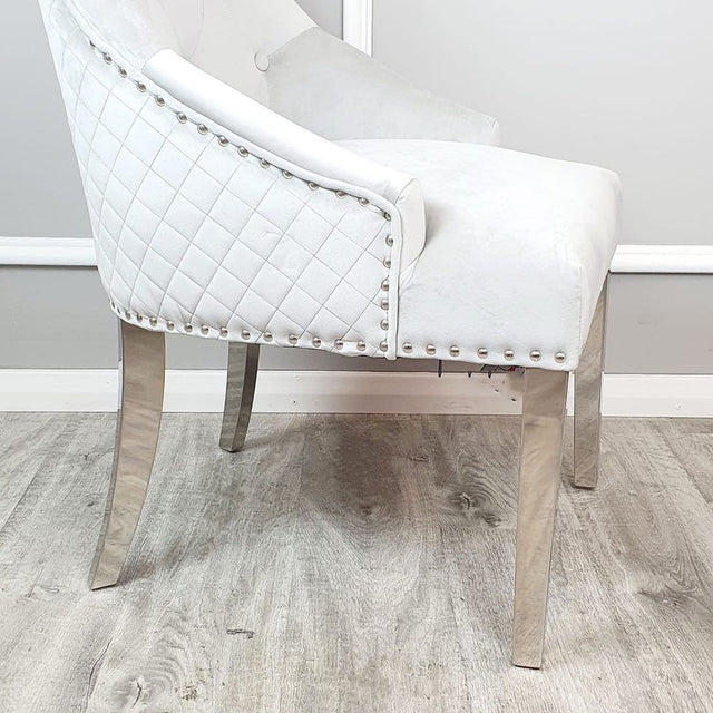 Modern-light-grey-velvet-dining-chairs-chrome-legs-lion-knocker-quilted-back