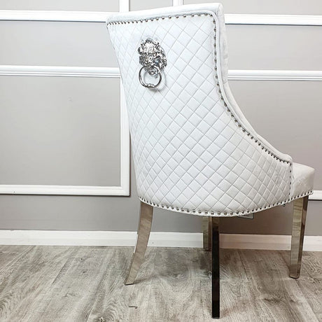 Modern-light-grey-velvet-dining-chairs-chrome-legs-lion-knocker-quilted-back