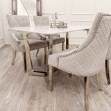 Modern-light-grey-velvet-dining-chairs-chrome-legs-lion-knocker-quilted-back