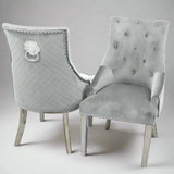 Modern-light-grey-velvet-dining-chairs-chrome-legs-lion-knocker-quilted-back