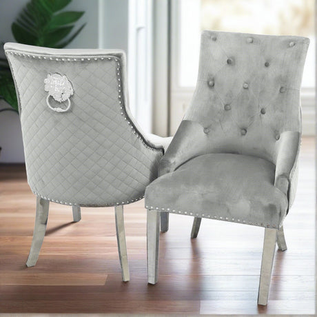 Modern-light-grey-velvet-dining-chairs-chrome-legs-lion-knocker-quilted-back