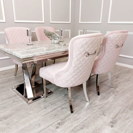 Modern-pink-velvet-dining-chairs-chrome-legs