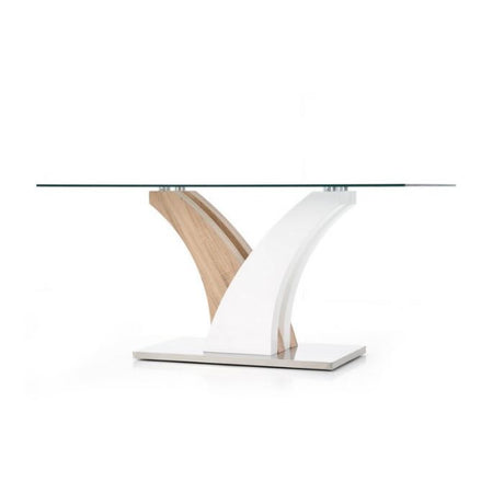 Modern-rectangular-glass-dining-table-with-oak-and-white-high-gloss-pedestal-base-160cm