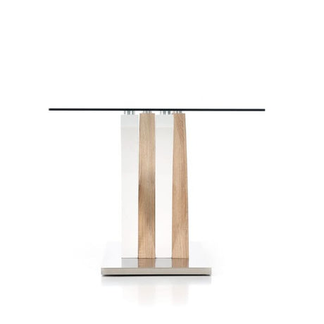 Modern-rectangular-glass-dining-table-with-oak-and-white-high-gloss-pedestal-base-160cm