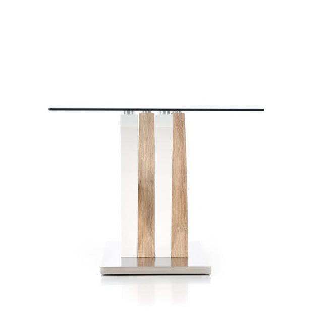 Modern-rectangular-glass-dining-table-with-oak-and-white-high-gloss-pedestal-base-160cm