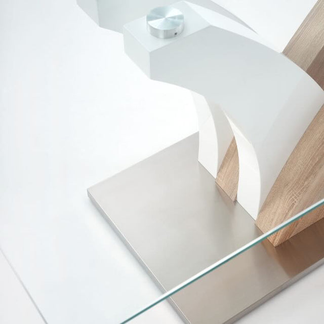 Modern-rectangular-glass-dining-table-with-oak-and-white-high-gloss-pedestal-base-160cm