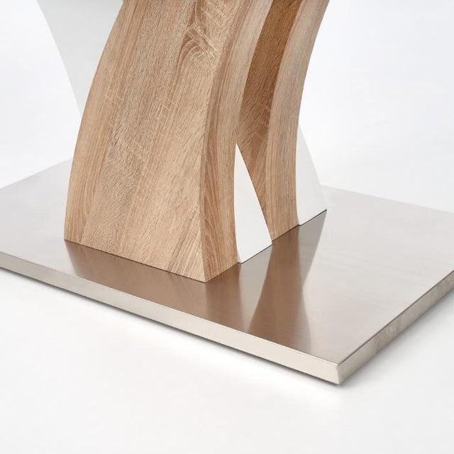 Modern-rectangular-glass-dining-table-with-oak-and-white-high-gloss-pedestal-base-160cm