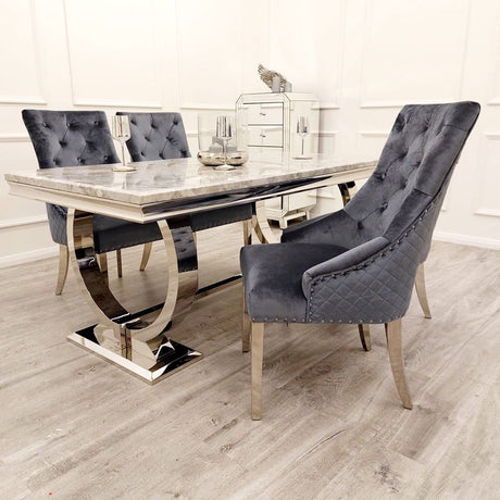 Modern-shimmer-grey-velvet-dining-chairs-chrome-legs-lion-knocker-quilted-back