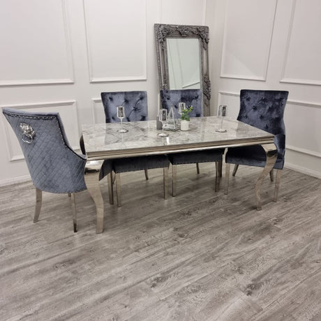 Modern-shimmer-grey-velvet-dining-chairs-chrome-legs-lion-knocker-quilted-back