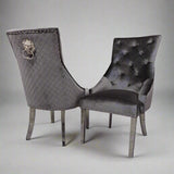 Modern-shimmer-grey-velvet-dining-chairs-chrome-legs-lion-knocker-quilted-back