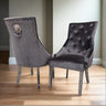 Modern-shimmer-grey-velvet-dining-chairs-chrome-legs-lion-knocker-quilted-back