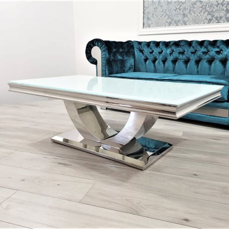 Modern-white-glass-coffee-table-stainless-steel-base-130cm